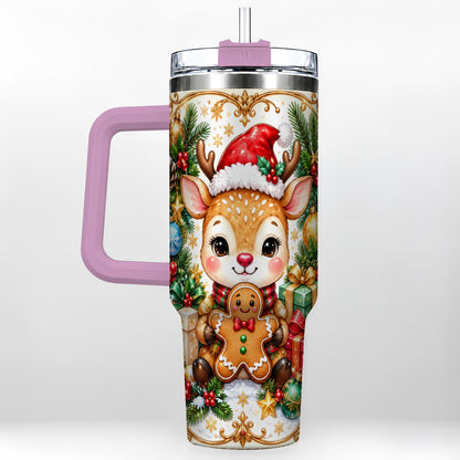 #pl[40oz|Pink] Reindeer 40oz Tumbler, Gingerbread Deer Stainless Steel Travel Cup