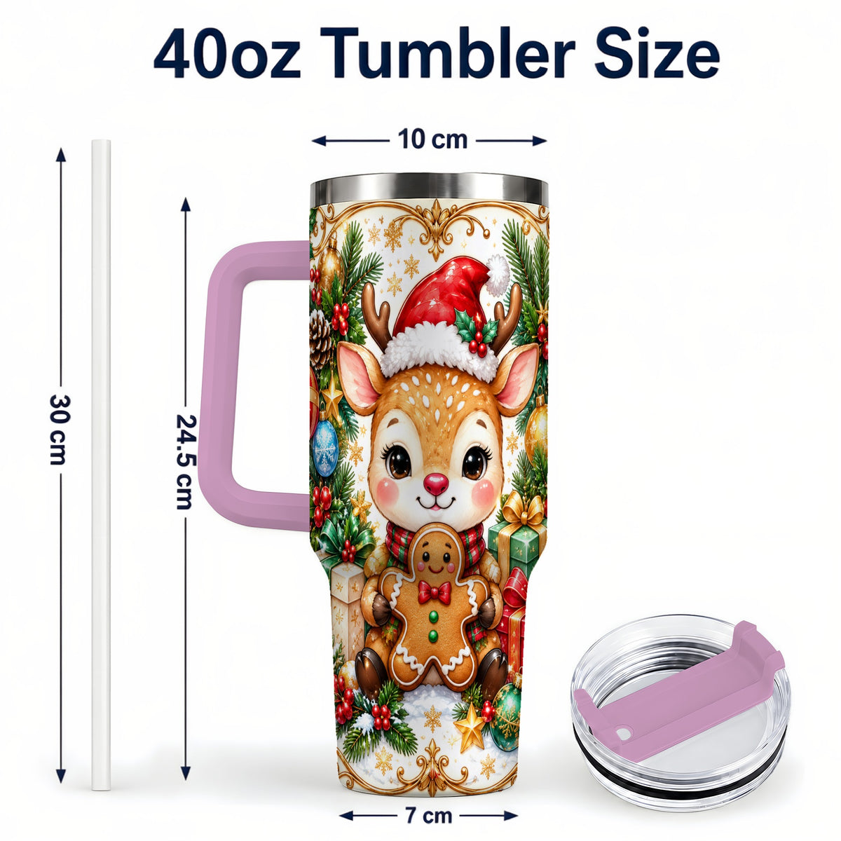 #pl[40oz|Pink] Reindeer 40oz Tumbler, Gingerbread Deer Stainless Steel Travel Cup