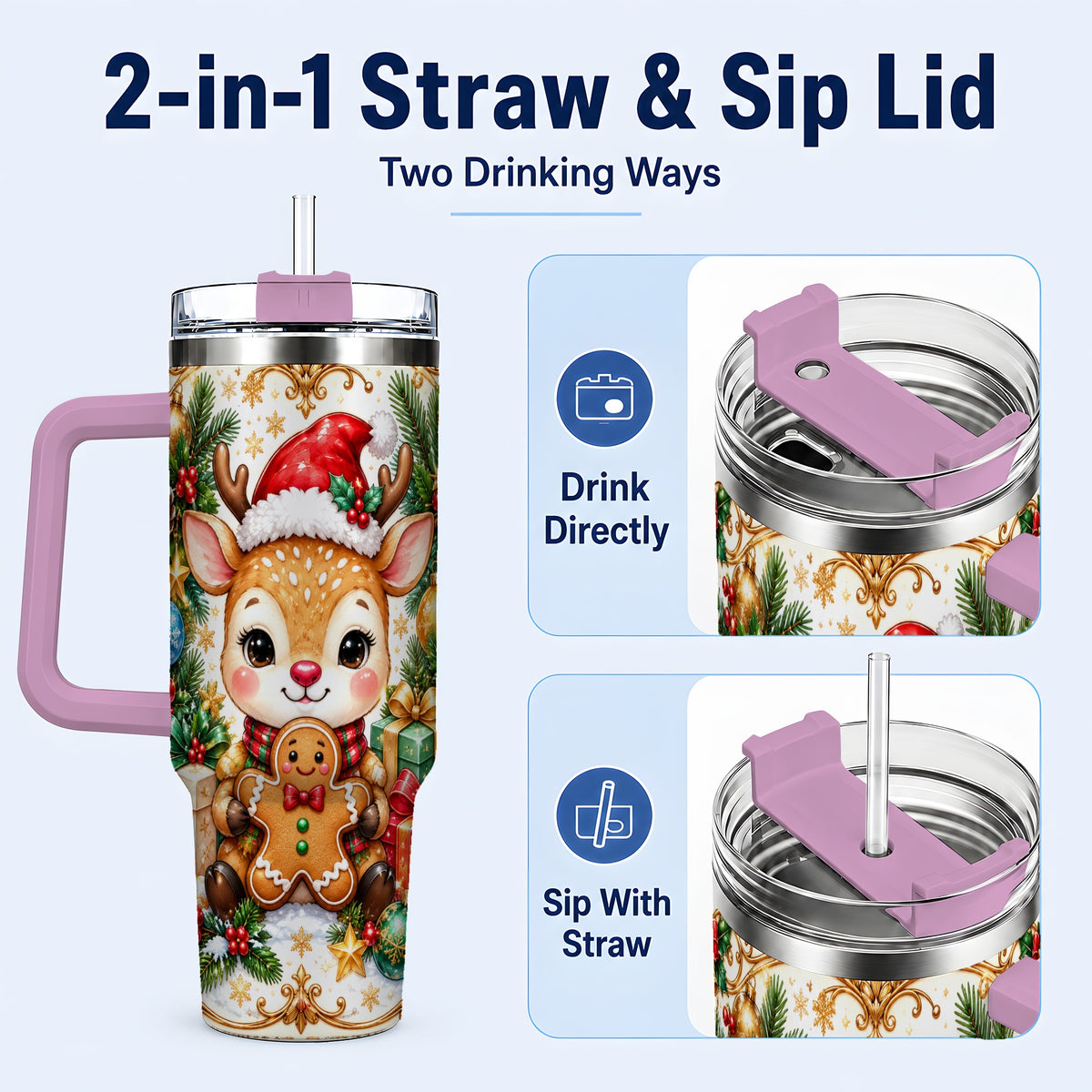 #pl[40oz|Pink] Reindeer 40oz Tumbler, Gingerbread Deer Stainless Steel Travel Cup