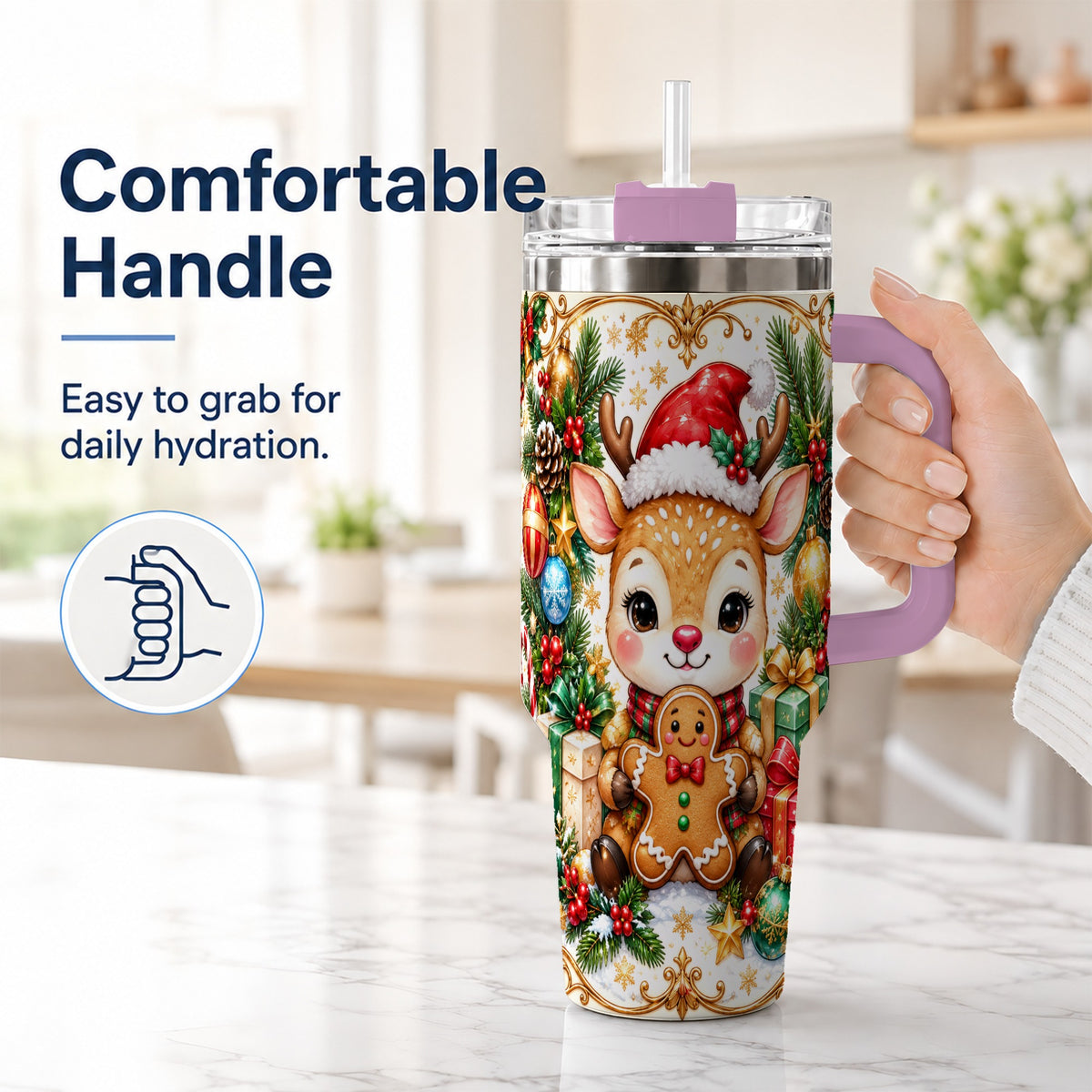 #pl[40oz|Pink] Reindeer 40oz Tumbler, Gingerbread Deer Stainless Steel Travel Cup