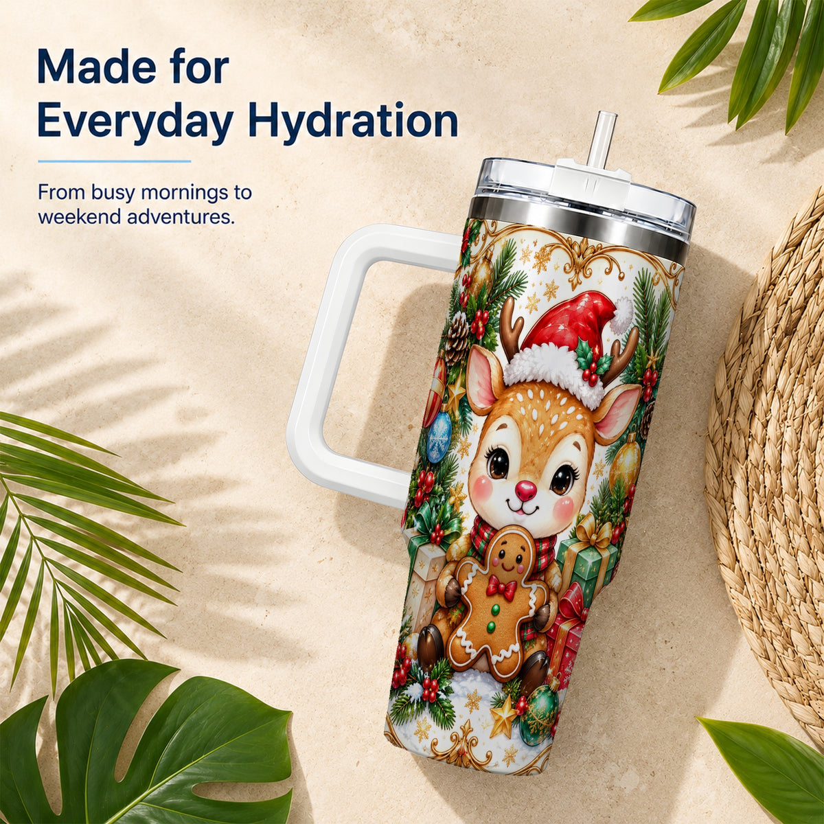Reindeer 40oz Tumbler, Gingerbread Deer Stainless Steel Travel Cup