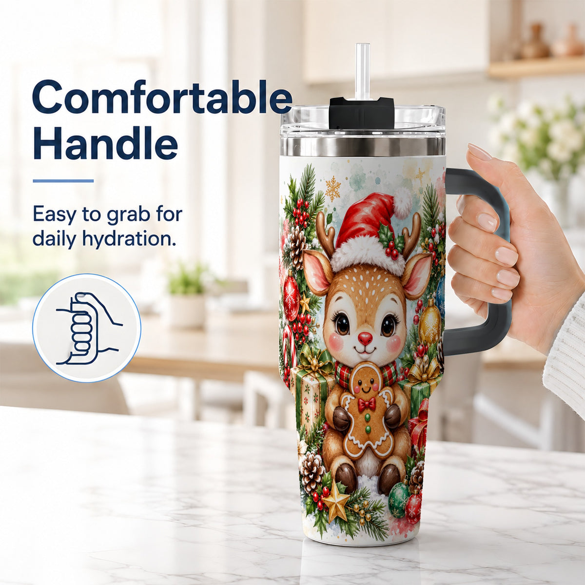 #pl[40oz|Black] Reindeer 40oz Tumbler, Gingerbread Deer Stainless Steel Travel Cup