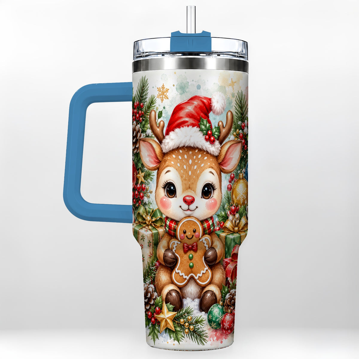#pl[40oz|Blue] Reindeer 40oz Tumbler, Gingerbread Deer Stainless Steel Travel Cup