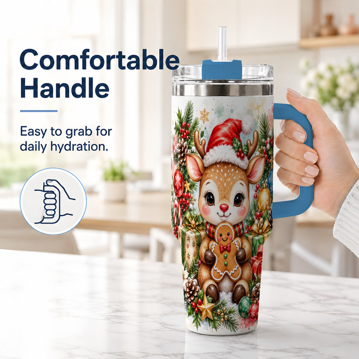 #pl[40oz|Blue] Reindeer 40oz Tumbler, Gingerbread Deer Stainless Steel Travel Cup