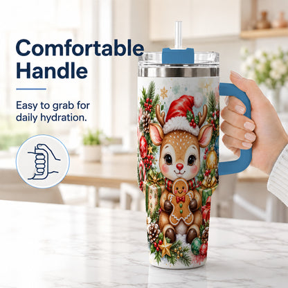 #pl[40oz|Blue] Reindeer 40oz Tumbler, Gingerbread Deer Stainless Steel Travel Cup