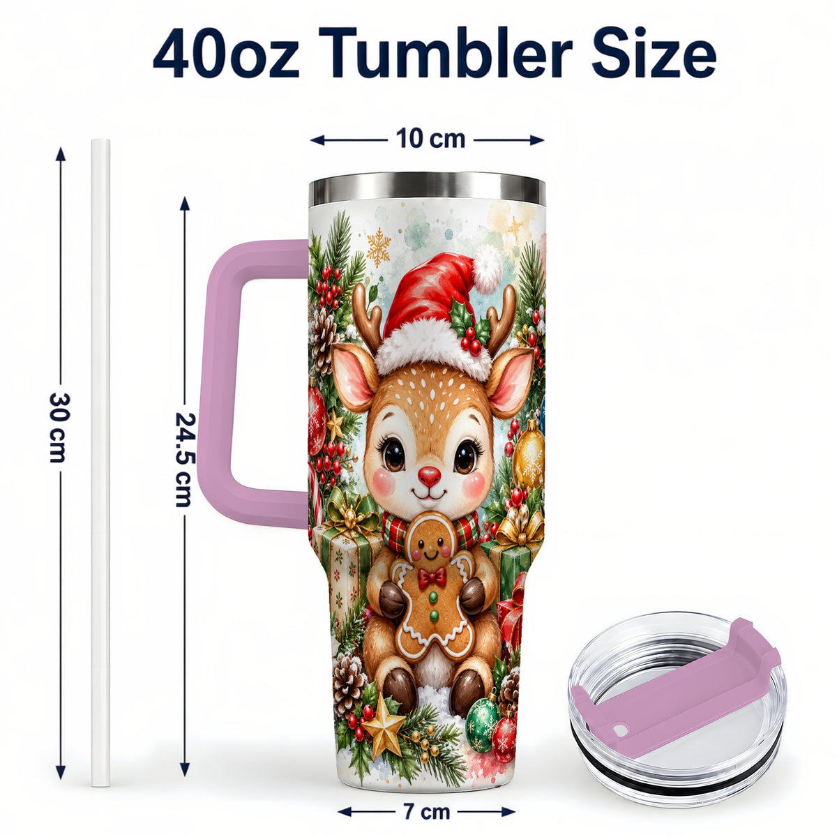 #pl[40oz|Pink] Reindeer 40oz Tumbler, Gingerbread Deer Stainless Steel Travel Cup