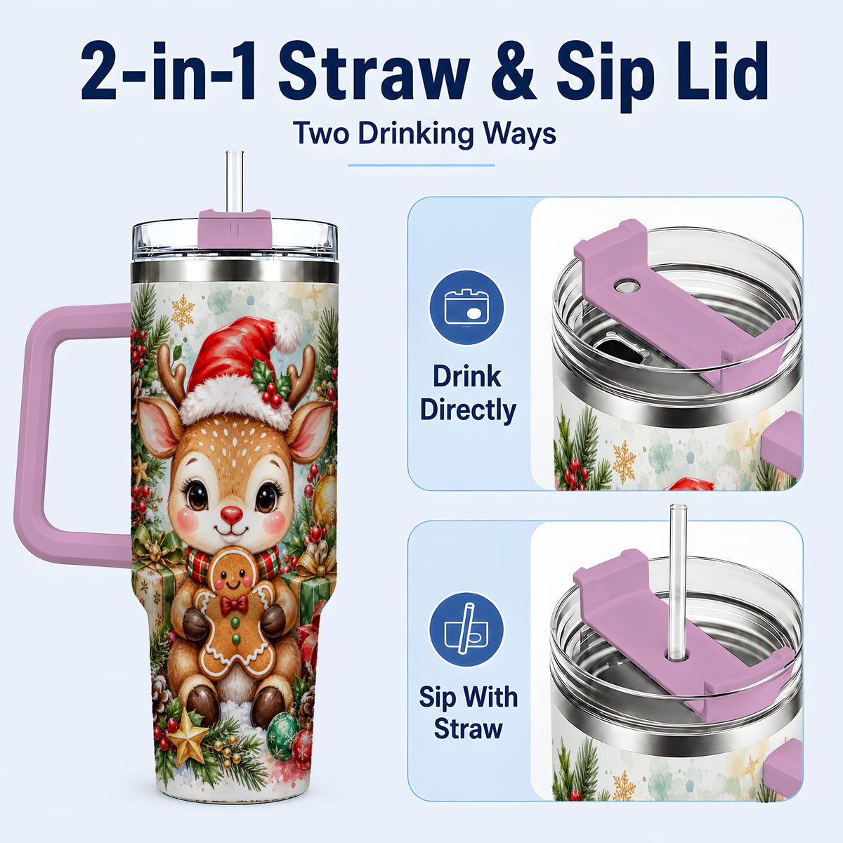 #pl[40oz|Pink] Reindeer 40oz Tumbler, Gingerbread Deer Stainless Steel Travel Cup