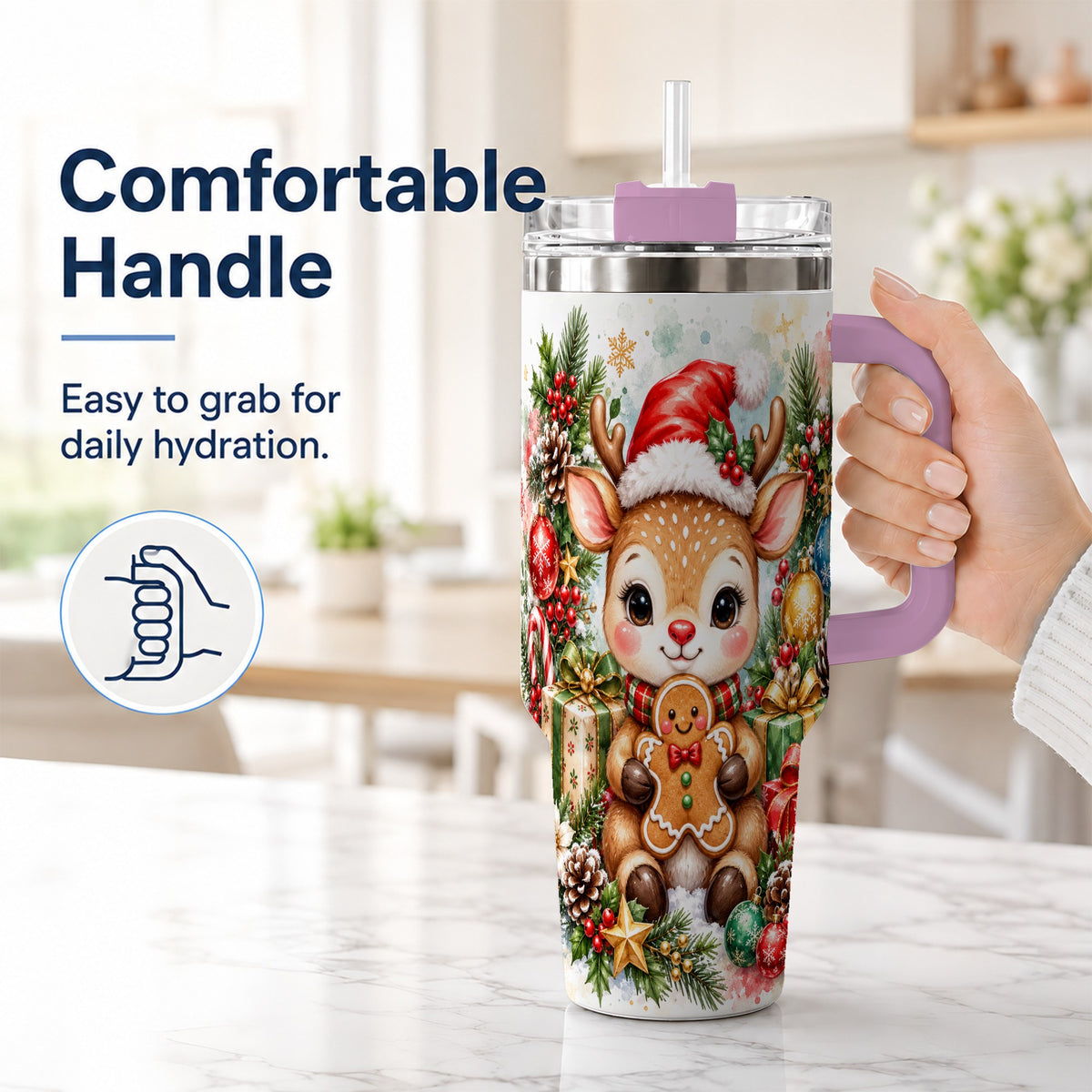 #pl[40oz|Pink] Reindeer 40oz Tumbler, Gingerbread Deer Stainless Steel Travel Cup