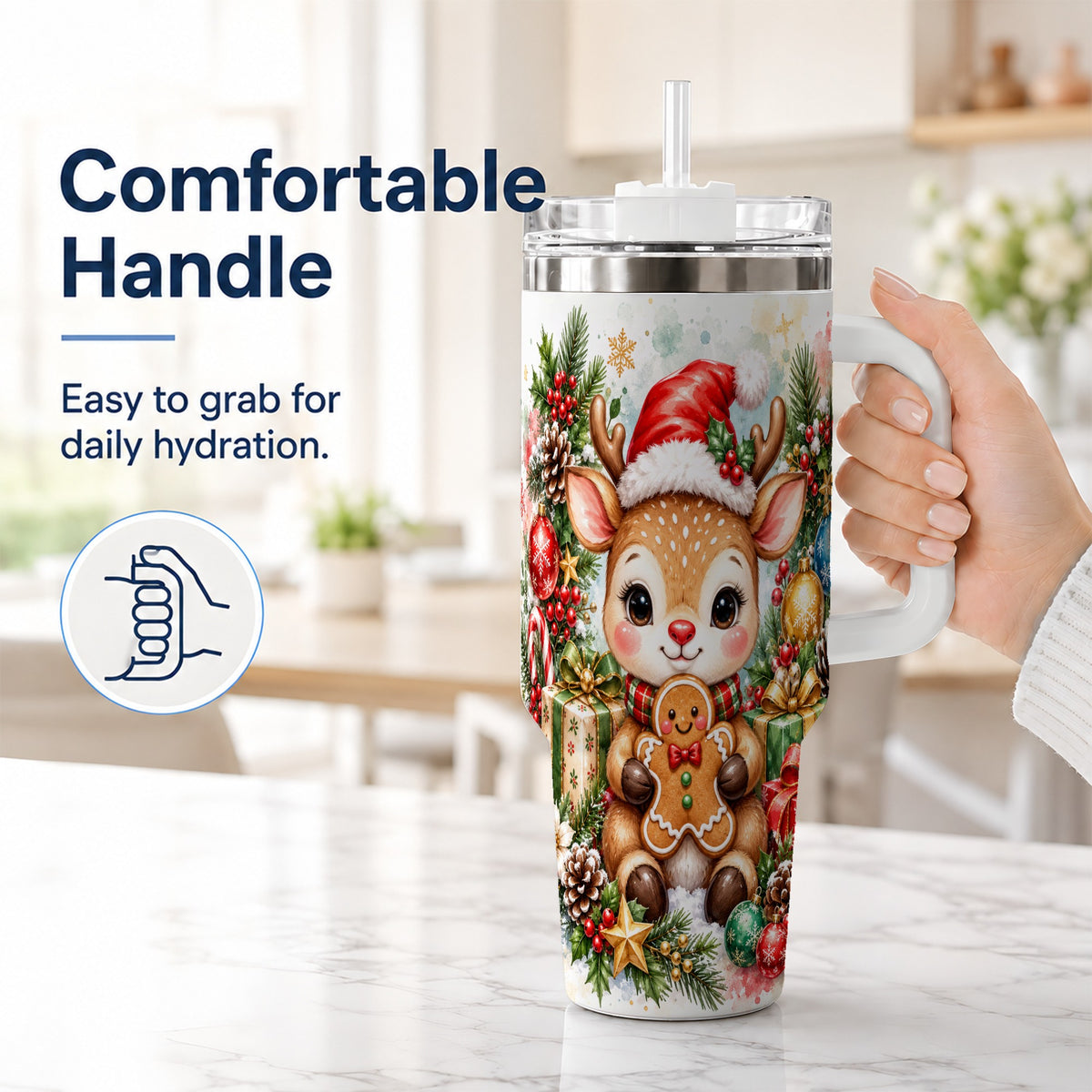 #pl[40oz|White] Reindeer 40oz Tumbler, Gingerbread Deer Stainless Steel Travel Cup