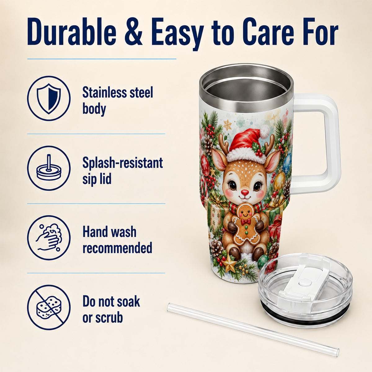 Reindeer 40oz Tumbler, Gingerbread Deer Stainless Steel Travel Cup