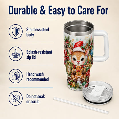 Reindeer 40oz Tumbler, Gingerbread Deer Stainless Steel Travel Cup