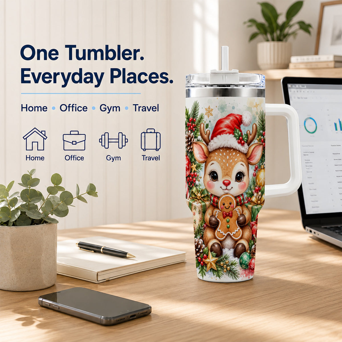 Reindeer 40oz Tumbler, Gingerbread Deer Stainless Steel Travel Cup