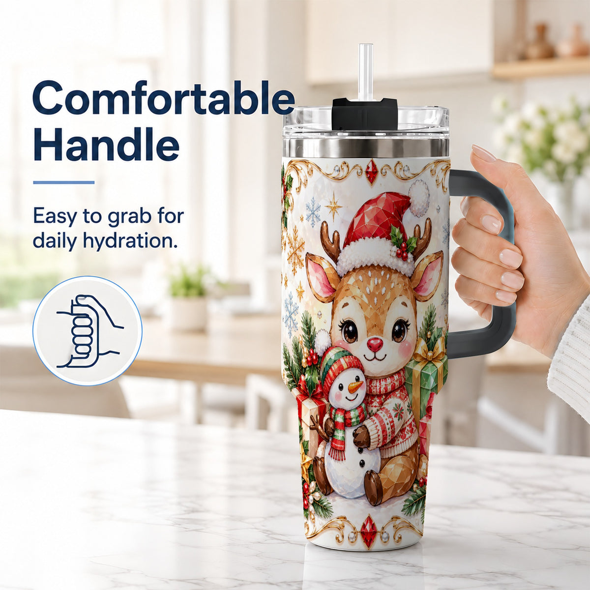 #pl[40oz|Black] Christmas Reindeer 40oz Tumbler with Handle, Snowman Travel Cup