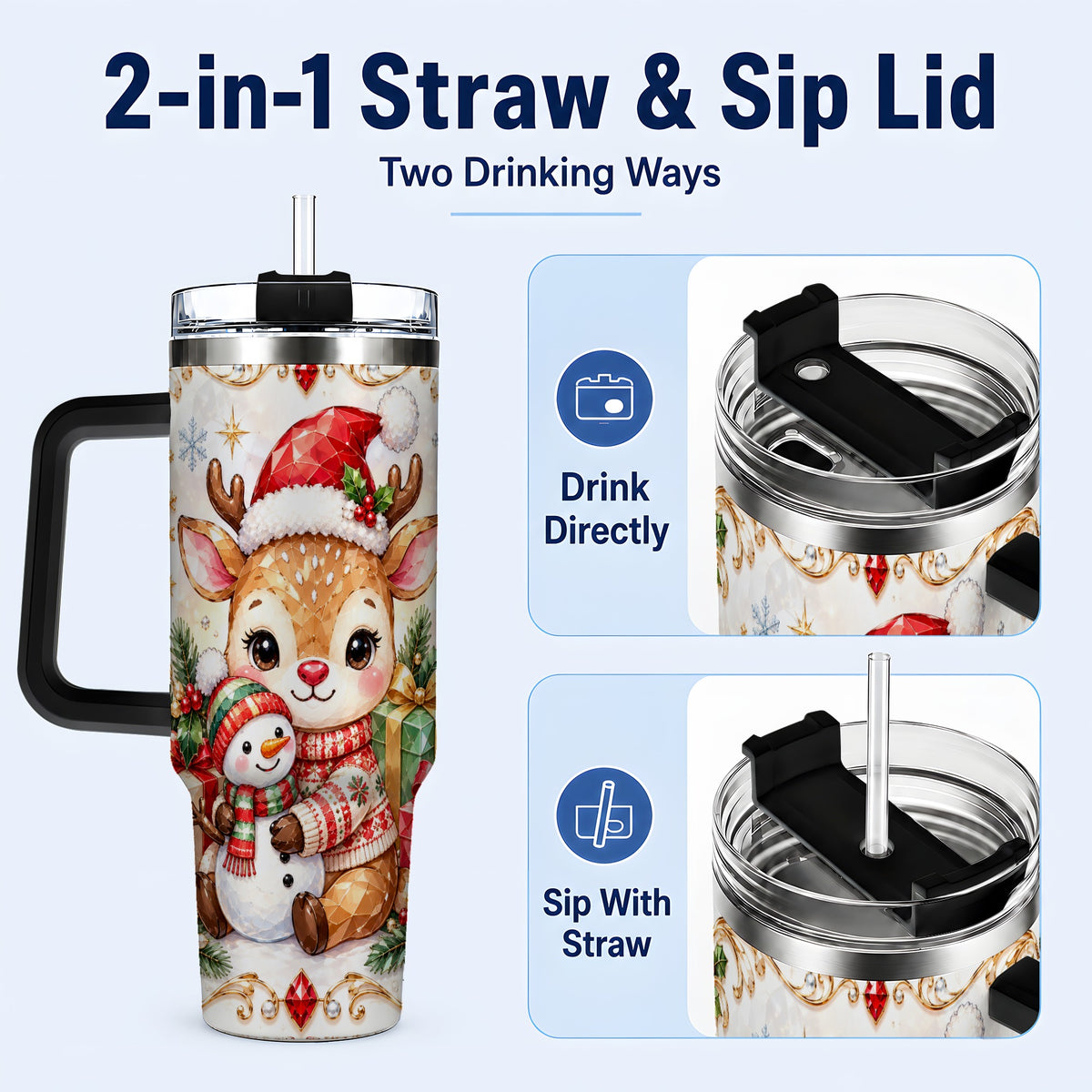#pl[40oz|Black] Christmas Reindeer 40oz Tumbler with Handle, Snowman Travel Cup