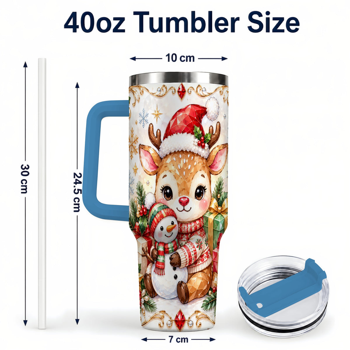 #pl[40oz|Blue] Christmas Reindeer 40oz Tumbler with Handle, Snowman Travel Cup