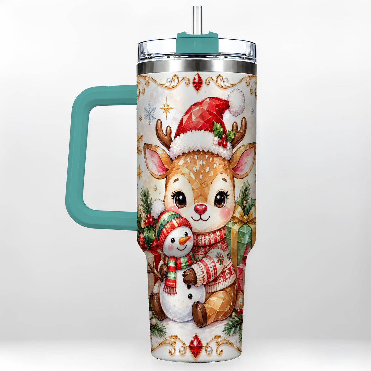 #pl[40oz|Green] Christmas Reindeer 40oz Tumbler with Handle, Snowman Travel Cup