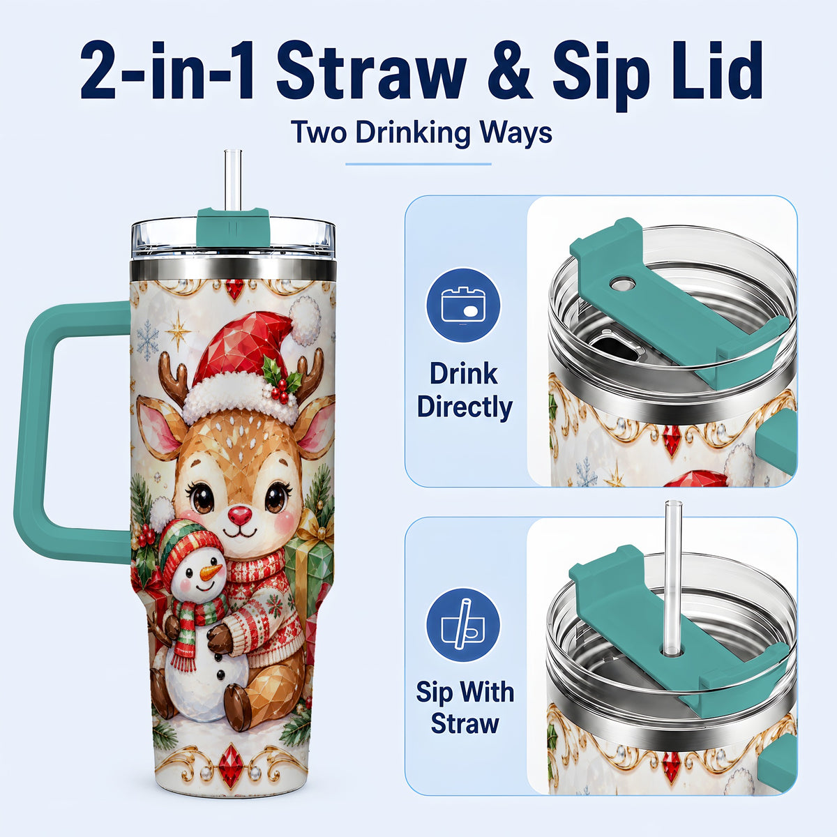 #pl[40oz|Green] Christmas Reindeer 40oz Tumbler with Handle, Snowman Travel Cup
