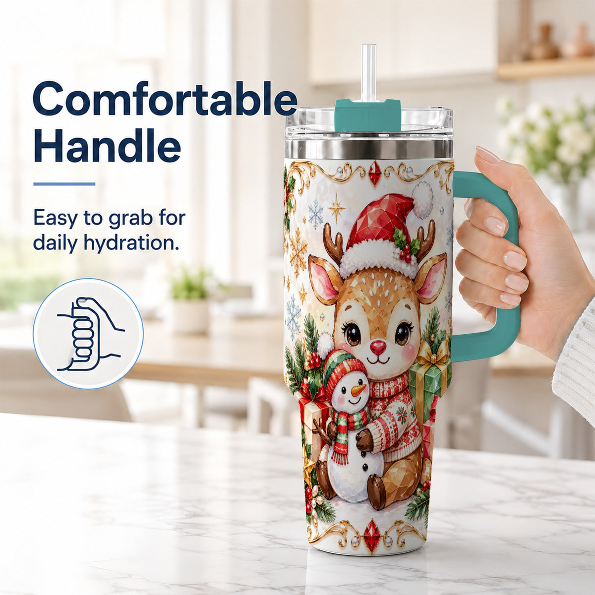 #pl[40oz|Green] Christmas Reindeer 40oz Tumbler with Handle, Snowman Travel Cup