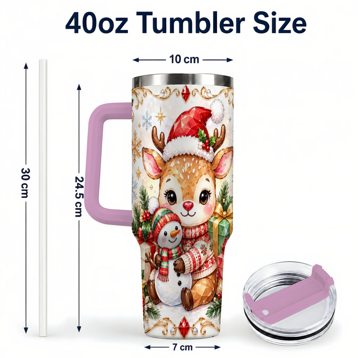 #pl[40oz|Pink] Christmas Reindeer 40oz Tumbler with Handle, Snowman Travel Cup