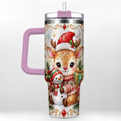 #pl[40oz|Pink] Christmas Reindeer 40oz Tumbler with Handle, Snowman Travel Cup