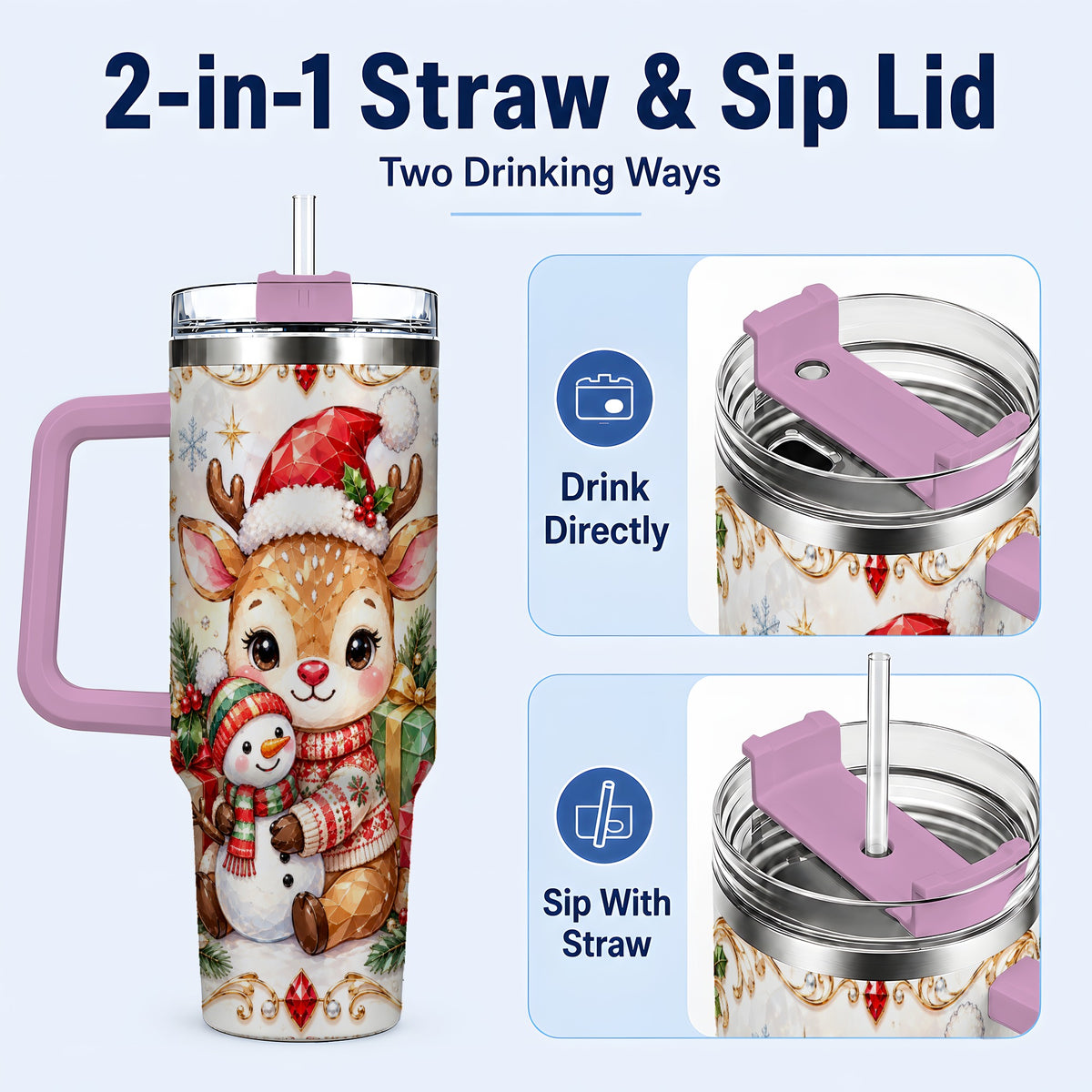 #pl[40oz|Pink] Christmas Reindeer 40oz Tumbler with Handle, Snowman Travel Cup