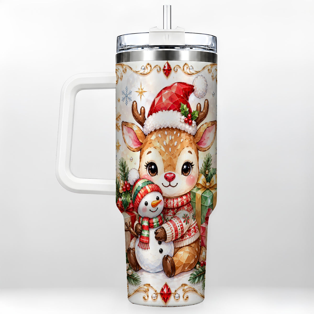 Christmas Reindeer 40oz Tumbler with Handle, Snowman Travel Cup