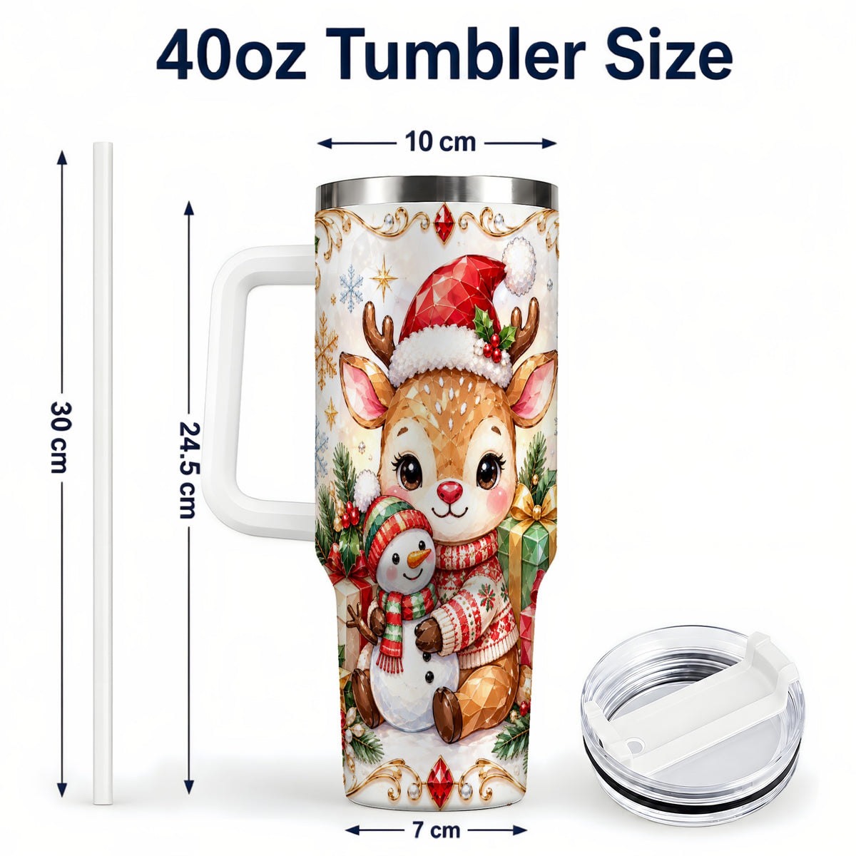 #pl[40oz|White] Christmas Reindeer 40oz Tumbler with Handle, Snowman Travel Cup