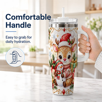 #pl[40oz|White] Christmas Reindeer 40oz Tumbler with Handle, Snowman Travel Cup