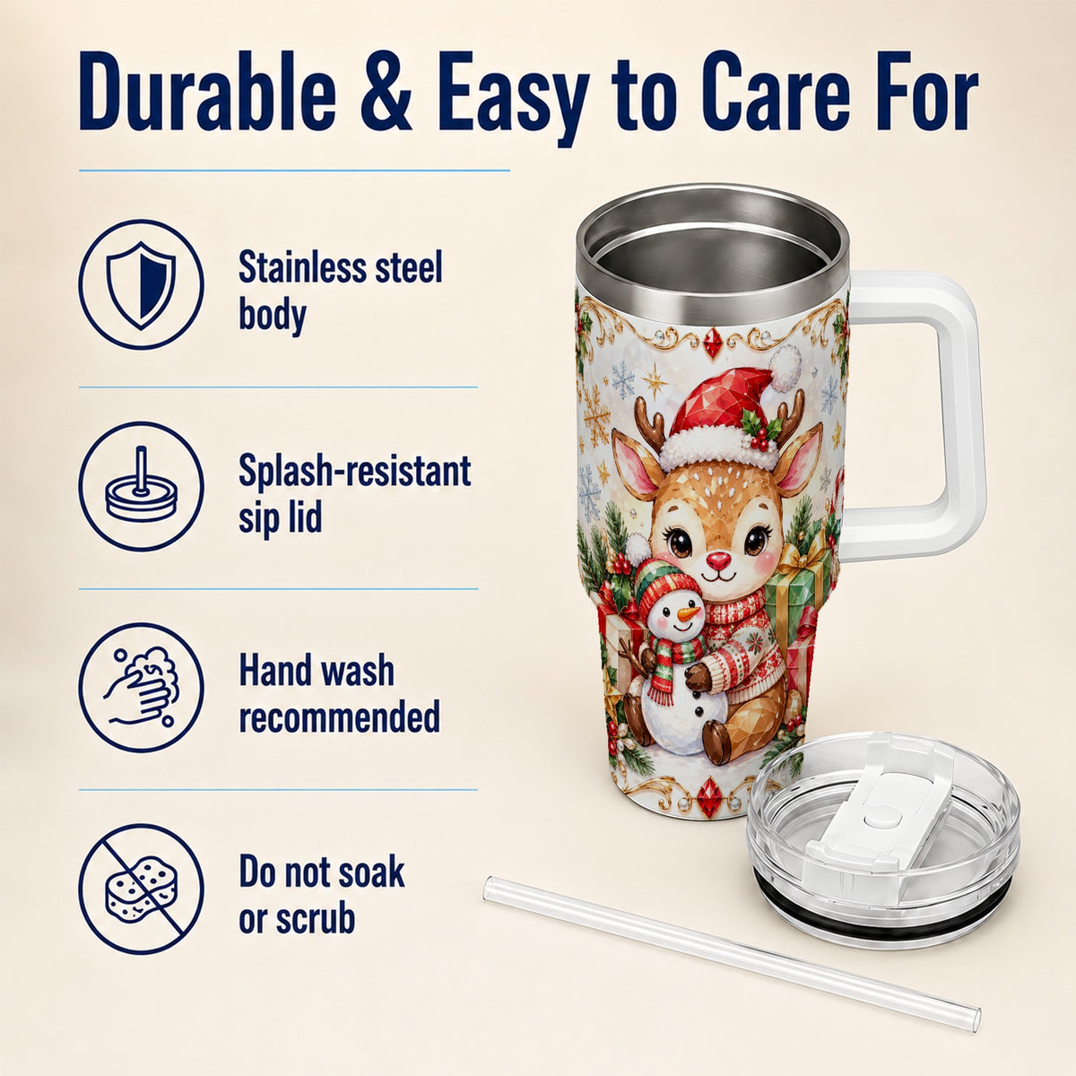 Christmas Reindeer 40oz Tumbler with Handle, Snowman Travel Cup