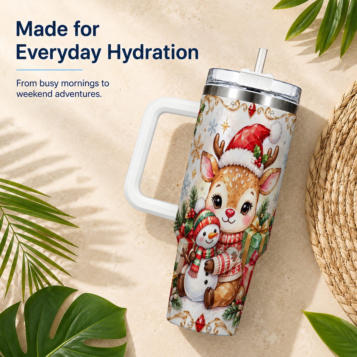 Christmas Reindeer 40oz Tumbler with Handle, Snowman Travel Cup