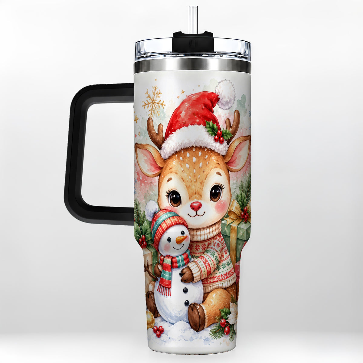 #pl[40oz|Black] Watercolor Reindeer 40oz Tumbler with Handle, Snowman Travel Cup