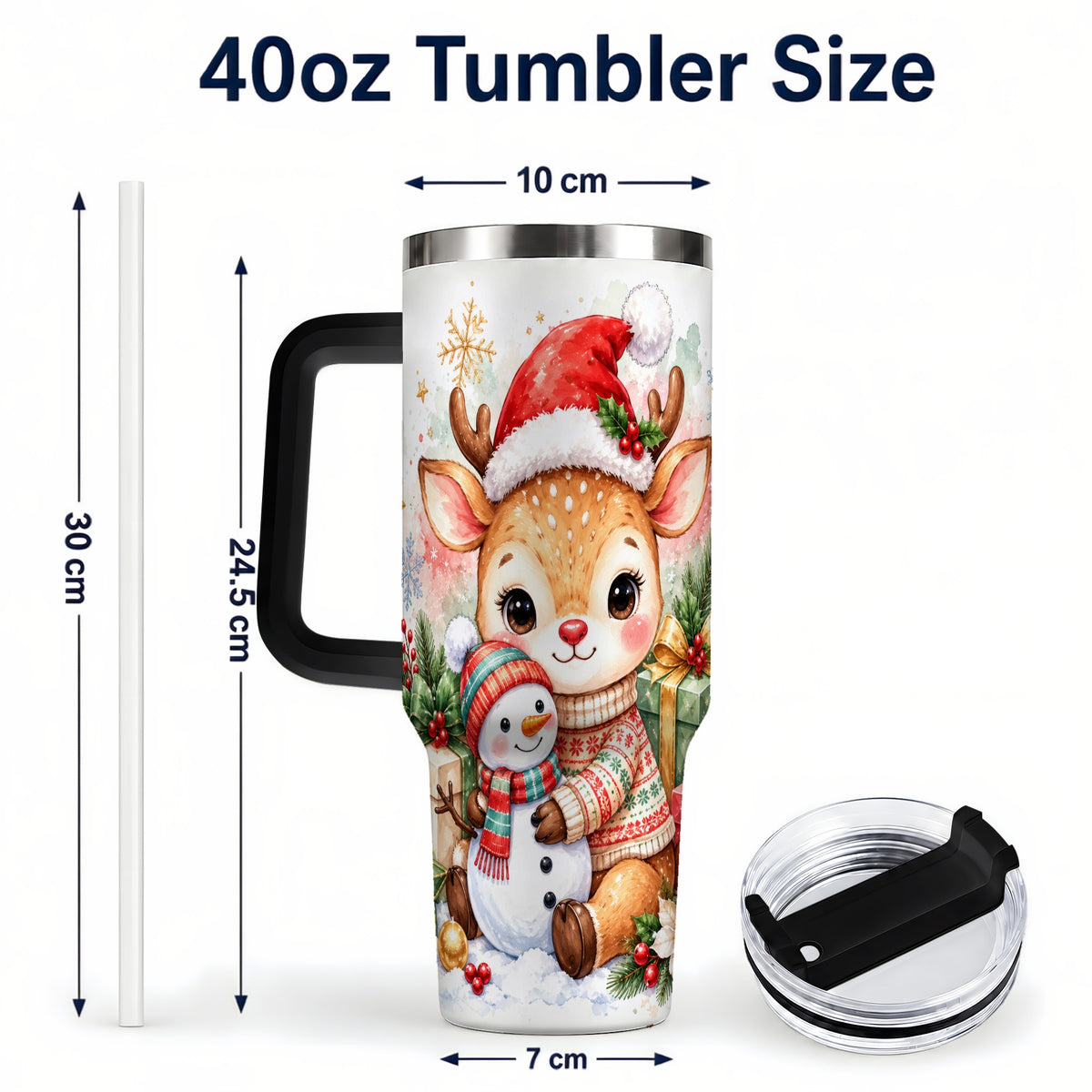 #pl[40oz|Black] Watercolor Reindeer 40oz Tumbler with Handle, Snowman Travel Cup