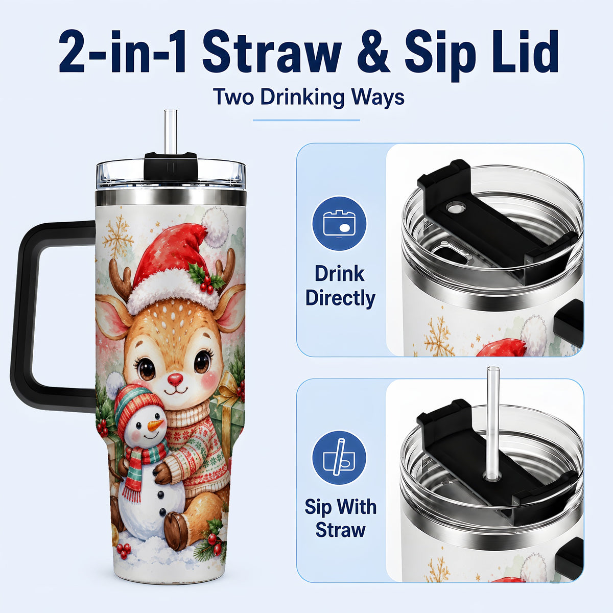 #pl[40oz|Black] Watercolor Reindeer 40oz Tumbler with Handle, Snowman Travel Cup