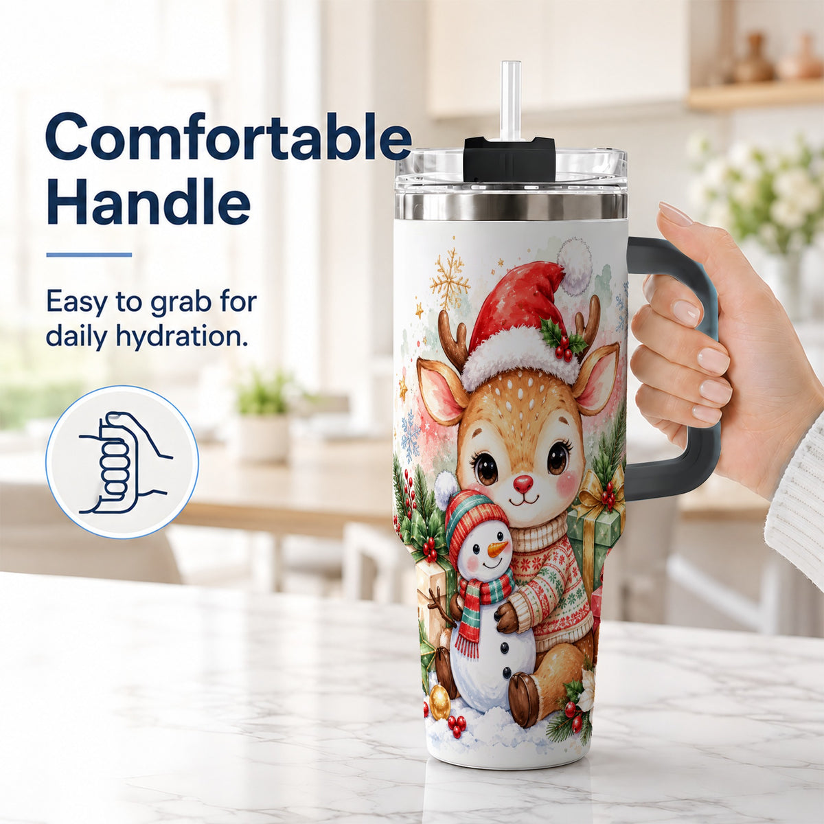 #pl[40oz|Black] Watercolor Reindeer 40oz Tumbler with Handle, Snowman Travel Cup