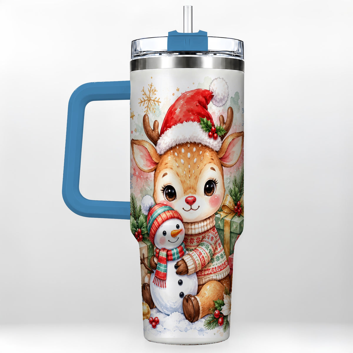 #pl[40oz|Blue] Watercolor Reindeer 40oz Tumbler with Handle, Snowman Travel Cup