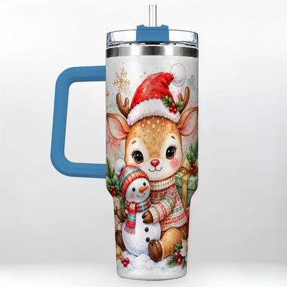 #pl[40oz|Blue] Watercolor Reindeer 40oz Tumbler with Handle, Snowman Travel Cup