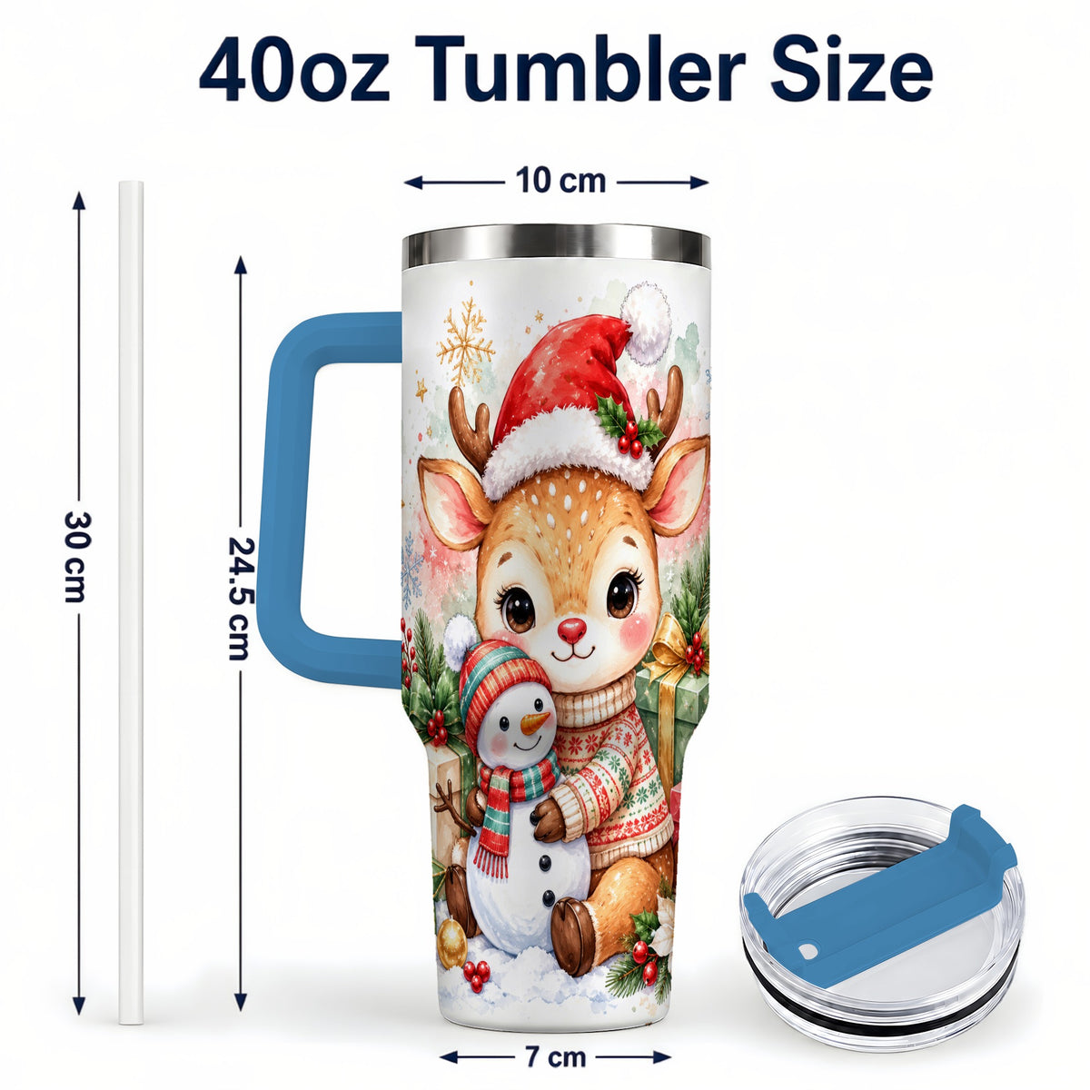 #pl[40oz|Blue] Watercolor Reindeer 40oz Tumbler with Handle, Snowman Travel Cup