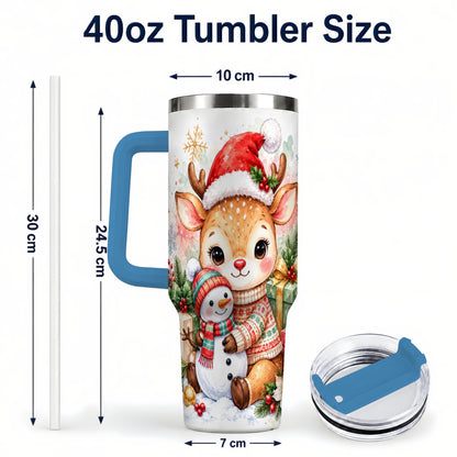 #pl[40oz|Blue] Watercolor Reindeer 40oz Tumbler with Handle, Snowman Travel Cup