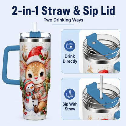 #pl[40oz|Blue] Watercolor Reindeer 40oz Tumbler with Handle, Snowman Travel Cup