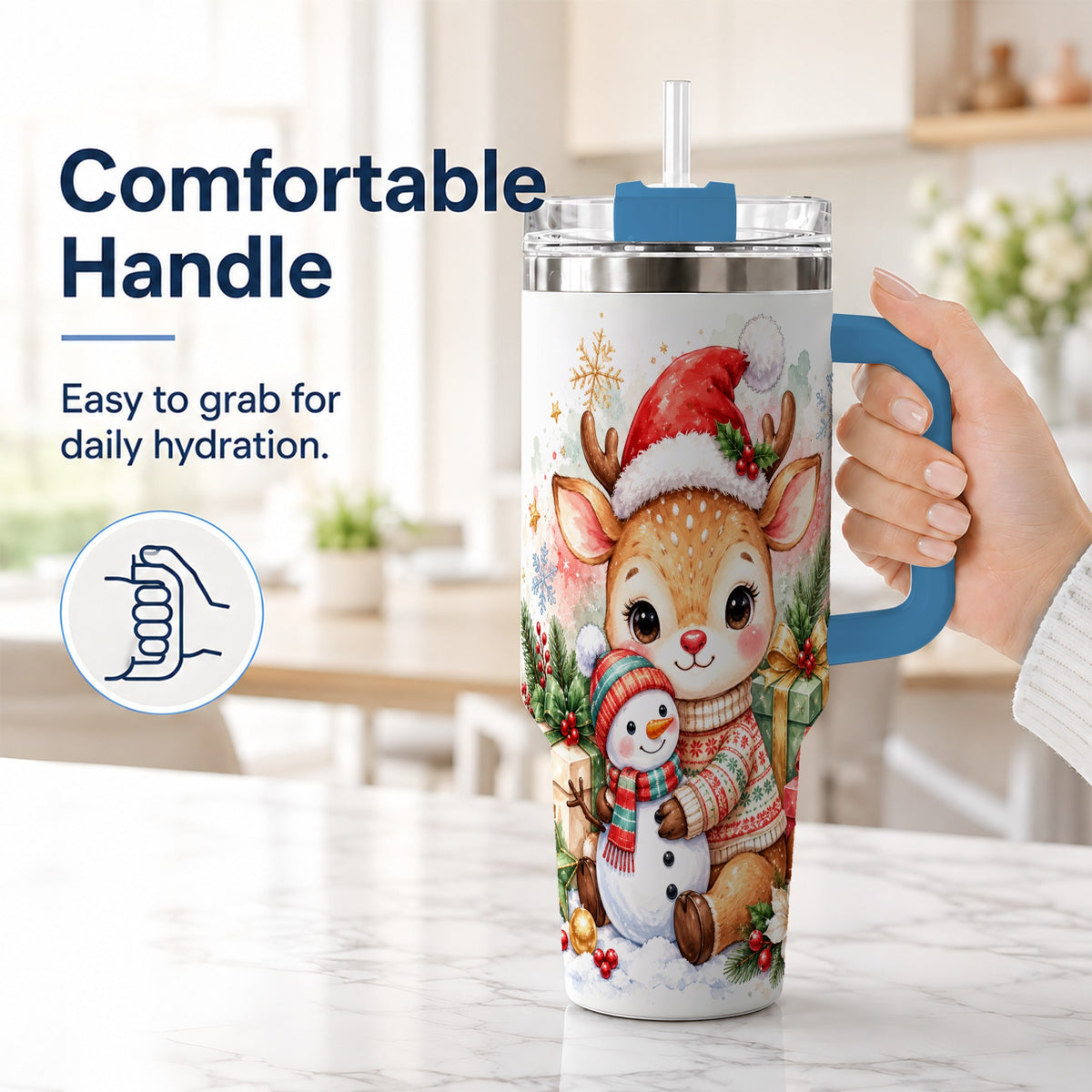 #pl[40oz|Blue] Watercolor Reindeer 40oz Tumbler with Handle, Snowman Travel Cup