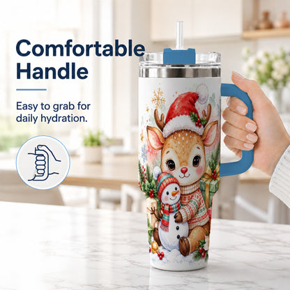 #pl[40oz|Blue] Watercolor Reindeer 40oz Tumbler with Handle, Snowman Travel Cup