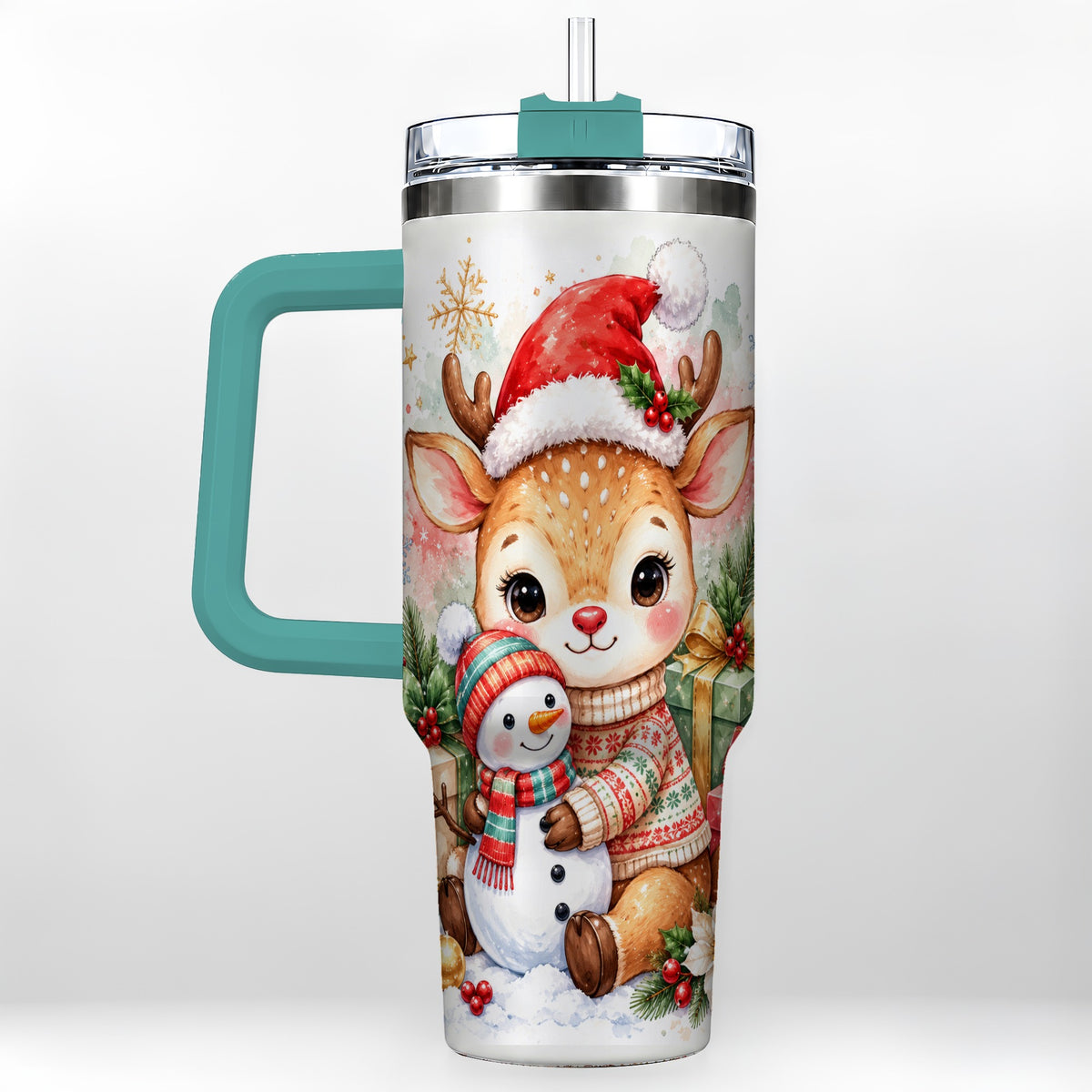#pl[40oz|Green] Watercolor Reindeer 40oz Tumbler with Handle, Snowman Travel Cup