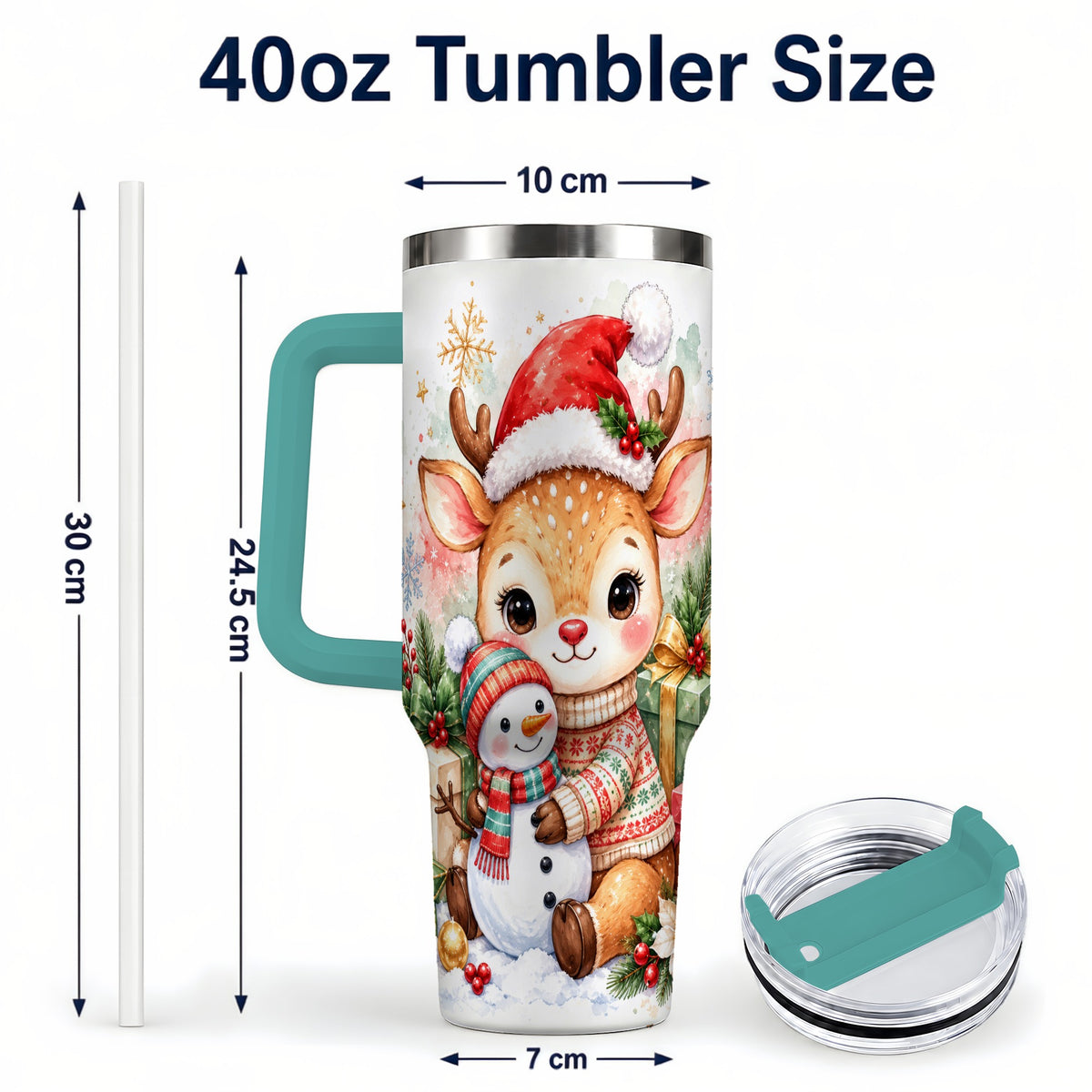 #pl[40oz|Green] Watercolor Reindeer 40oz Tumbler with Handle, Snowman Travel Cup