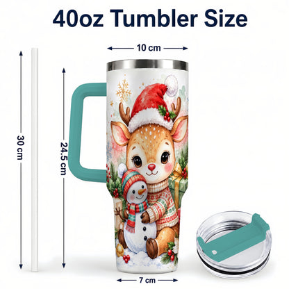 #pl[40oz|Green] Watercolor Reindeer 40oz Tumbler with Handle, Snowman Travel Cup