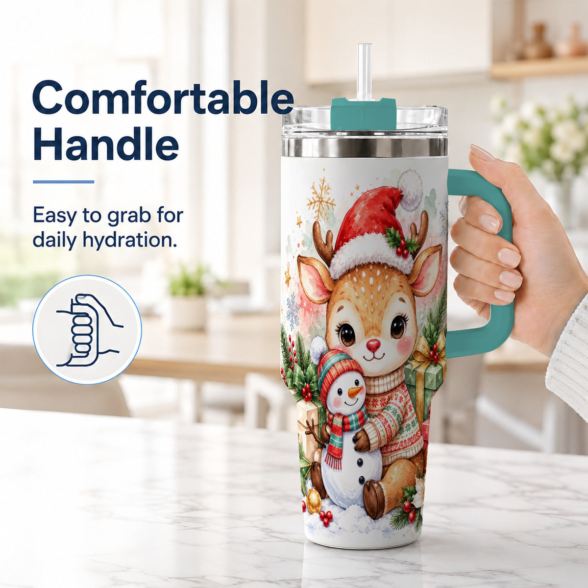 #pl[40oz|Green] Watercolor Reindeer 40oz Tumbler with Handle, Snowman Travel Cup