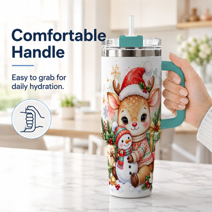 #pl[40oz|Green] Watercolor Reindeer 40oz Tumbler with Handle, Snowman Travel Cup