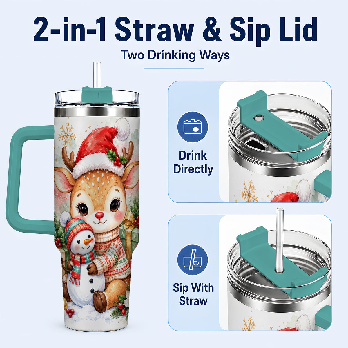 #pl[40oz|Green] Watercolor Reindeer 40oz Tumbler with Handle, Snowman Travel Cup