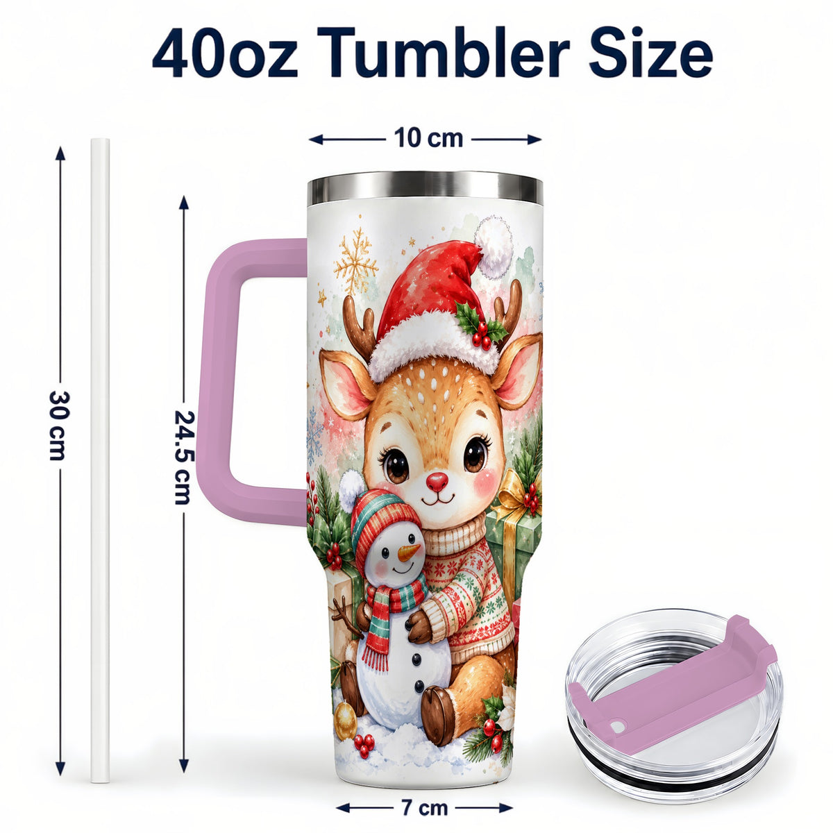 #pl[40oz|Pink] Watercolor Reindeer 40oz Tumbler with Handle, Snowman Travel Cup