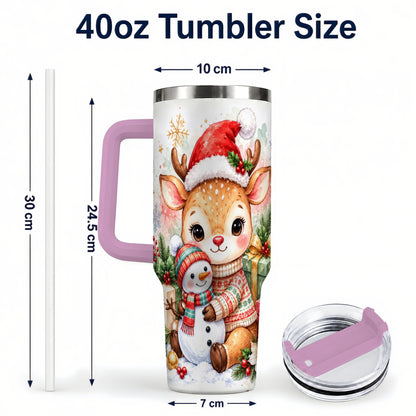 #pl[40oz|Pink] Watercolor Reindeer 40oz Tumbler with Handle, Snowman Travel Cup