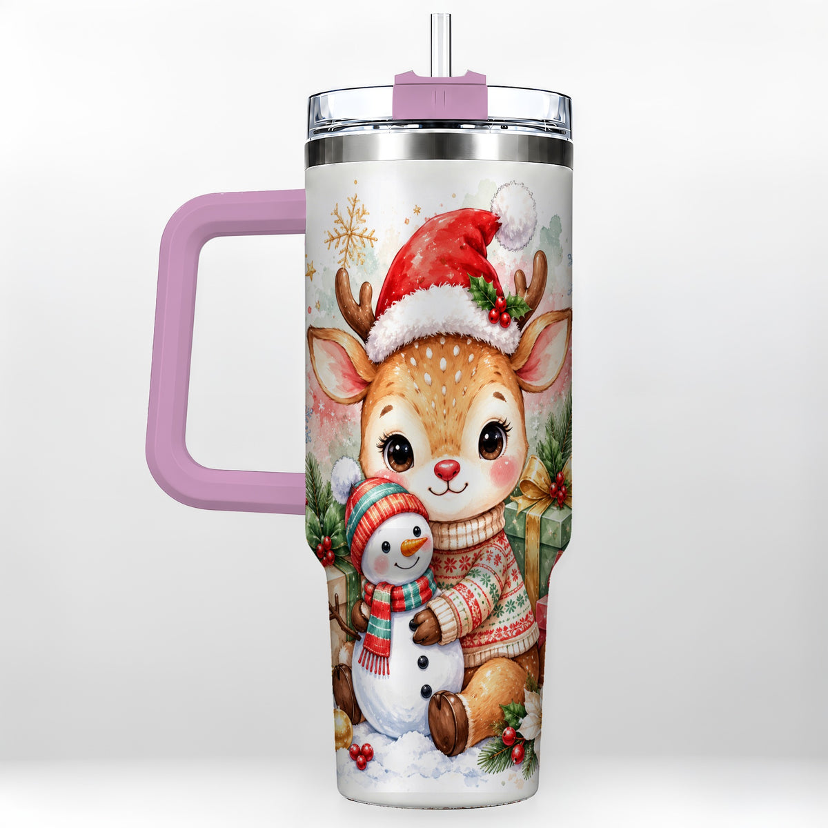 #pl[40oz|Pink] Watercolor Reindeer 40oz Tumbler with Handle, Snowman Travel Cup